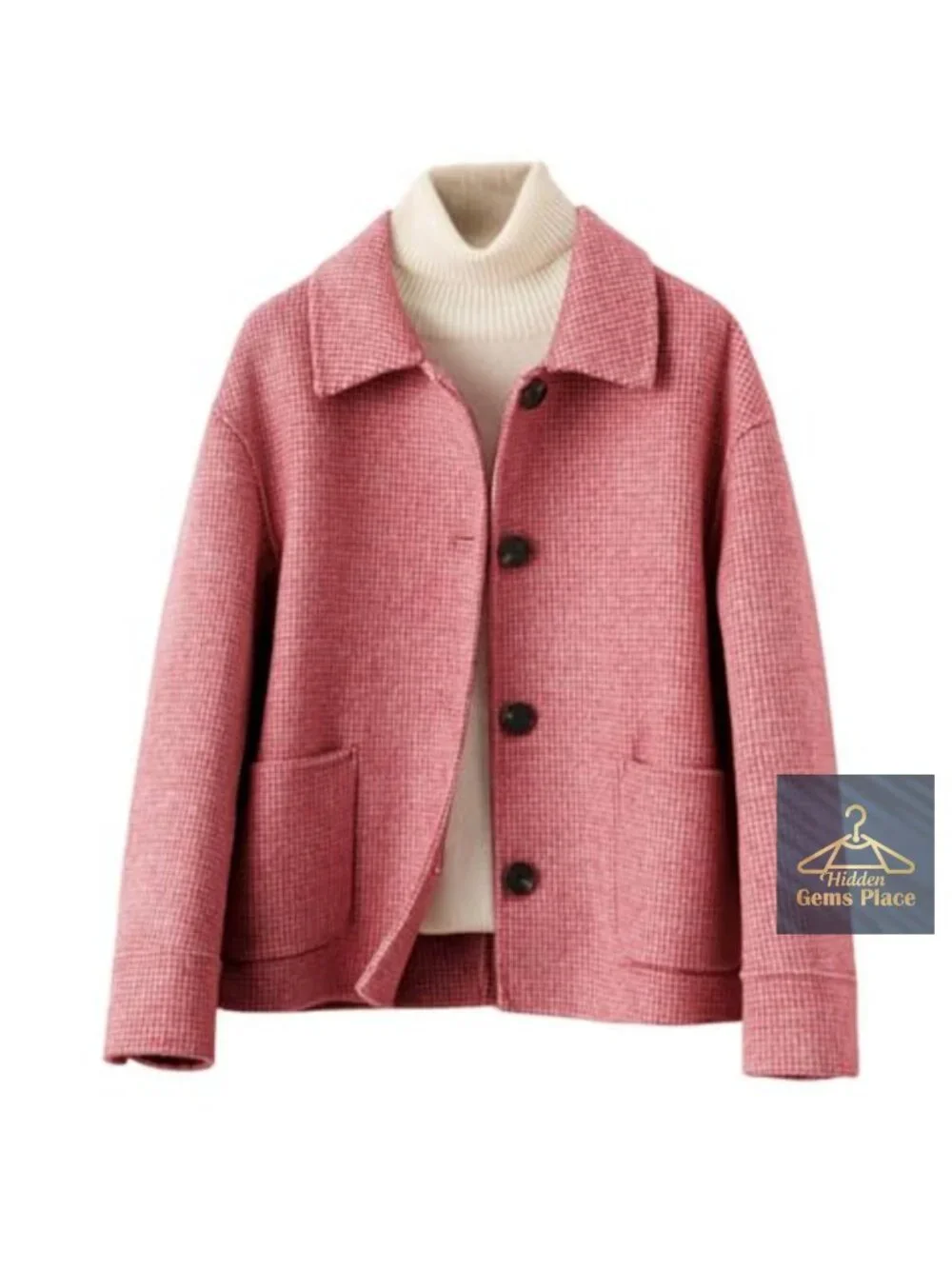 Women's Elegant Houndstooth Plaid Wool Blend Pea Coat with Pockets